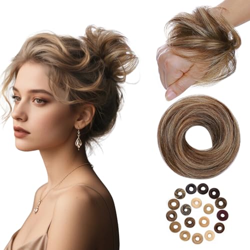 prokyvity Messy Bun Hair Piece Human Hair, Human Hair Messy Bun Hair Piece for Women,100% Real Hair Bun Wig,Invisible Light and Soft Straight-4P27 Medium Brown&Dark Blonde