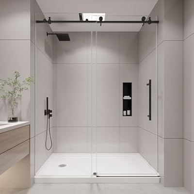 KPUY Frameless Shower Door, 56-60" W x 76" H Sliding Glass Shower Door, 1/4" (6mm) Thick Tempered Clear Glass with Explosion-Proof Film Nano Coating, Stainless Steel Hardware, Matte Black
