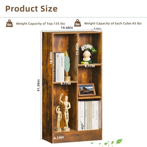 LEYAOYAO 5 Cube Mid-Century Modern Brown Wood Bookcase, 3 Tier Storage Organizer Shelf, Rustic Display Cabinet for Bedroom, Living Room, Office
