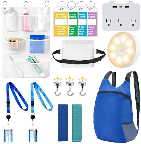 Cruise Essentials - Cruise Must Haves with Non-Surge Power Strip, Toilet Night Light, Lanyard Holder, Magnet Hooks, Travel Bag, Towel Bands, Waterproof Fanny Pack, Shower Organizer