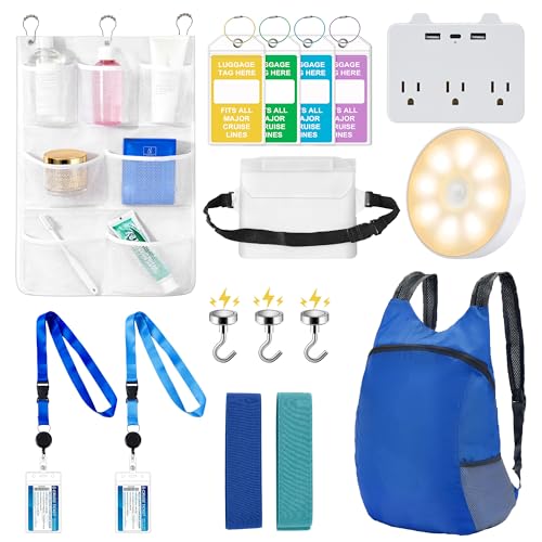 Utildom Cruise Essentials 2026 - Cruise Must Haves with Non-Surge Power Strip,Night Light,Lanyard Holder, Magnet Hook,Travel Bag,Towel Bands,Fanny Pack,Shower Organizer for All Cruise Lines