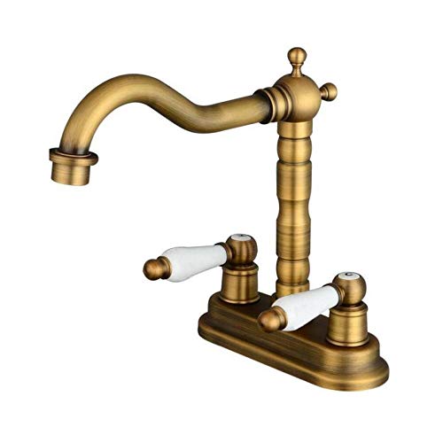 Robinet d'évier de cuisine laiton antique mélangeur double trou avec manettes céramique
