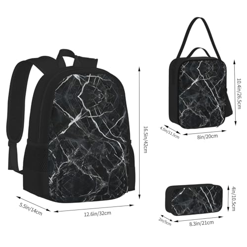 Black Marble Print 3 Piece Backpack Set, Laptop Daypack, Lightweight Bookbag Set With Lunch Bag Pencil Case3