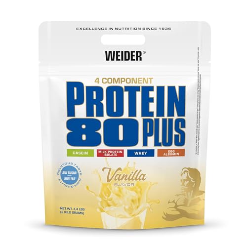Weider - Protein 80 Plus - 4-Komponenten Protein Pulver - Hoher Proteingehalt mit 80% Eiweiß - Cremige Shakes mit Calcium & Vitamin B6 - 2kg - Vanille