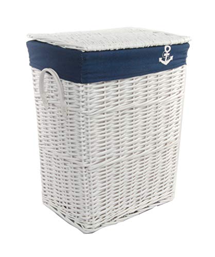 dvier Panier à Linge en Osier Blanc Motif Bleu Marine 40 x 30 cm H.55