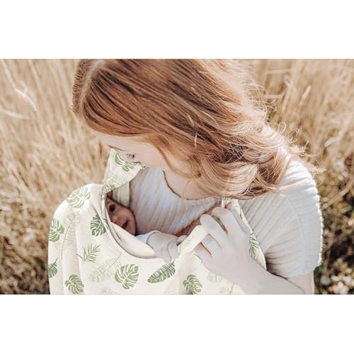 Image of Konssy Muslin Nursing Cover for Baby Breastfeeding, Breathable 100% Cotton Breastfeeding Cover with Rigid Hoop for Mother Nursing Apron, Multi-use Carseat Canopy (Monstera Green)