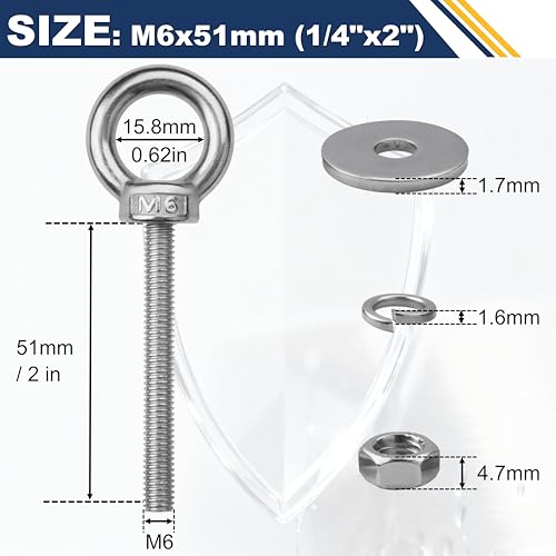 Image of 12 Pack M6 Stainless Steel Eye Bolts with Nuts, 1 /4 inch x 2 inch Eye Bolts | 304 Stainless Steel Eye Bolt,Eye Bolts Heavy Duty for Hang Tie Down Outdoor,m6 eye bolt,Long Lifting Ring Eye Bolt