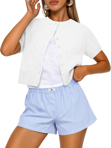 Trendy Queen Cropped Short Sleeve Cardigan Sweaters for Women Summer Lightweight Spring Outfits Y2k Fashion Clothes 2026 White M