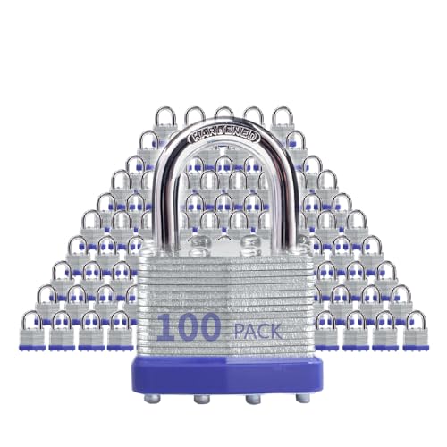 Image of Keyed Alike Laminated Steel Padlocks, Standard Shackle, for Hasp, Shed, Fence, Storage Locker, School, Gym (100 Pack)