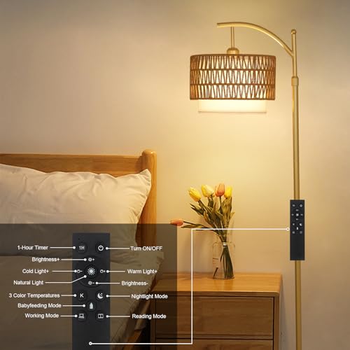 Gold Floor Lamps for Living Room with Remote & Dimmable LED Bulb, Modern Arc Floor Lamp with 3 Color Temperatures, Boho Standing Lamp with Rattan & Fabric Shades, Adjustable Tall Lamp for Bedroom by eyassi - Used condition - Image 7