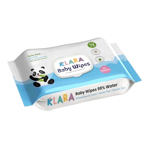 Image of Klara 99% Pure Water Baby Wipes | With Aloe Vera | Rash-Free & Paraben-Free | Pack of 1 (72 Wipes)