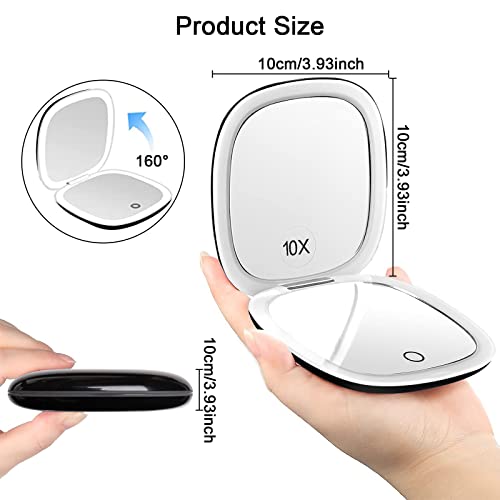 Jimacro Led Travel Makeup Mirror, 1X/10X Magnifying Pocket Mirror With 56 Led Lights, Usb Charging Folding Mirror With Touch Sensor 3 Colors Brightness Adjustable, Ideal For Handbag, Girls Gift #TOP5