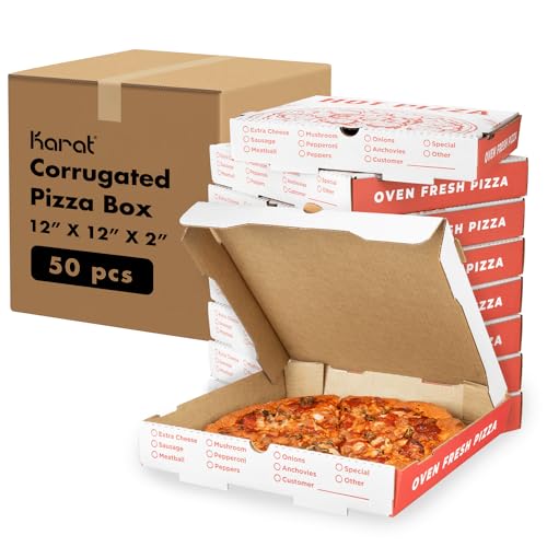 Karat Pizza Boxes 12' x 12' x 2' [50 Pack] Classic Red Print Corrugated Boxes | Ventilated, Grease-Resistant, Durable for Pizza, Catering or Shipping Use