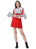 GRAJTCIN Adult Race Car Driver Costume for Women Racing Checkerboard Long Sleeves Racer Dress Halloween Dress Up Outfit (M, Red)