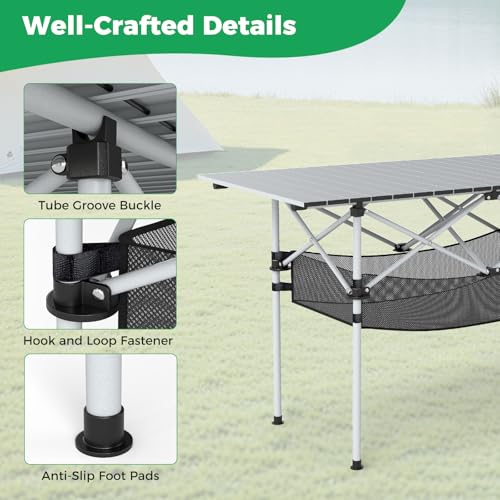 GIANTEX Mesa de Camping Plegable, Mesa Portátil para Picnic con Tapa de Aluminio Enrollable y Canasta de Malla, Mesa Ligera para Exterior con Bolsa de Transporte en Plateado 47"x22"x27" miniatura 7