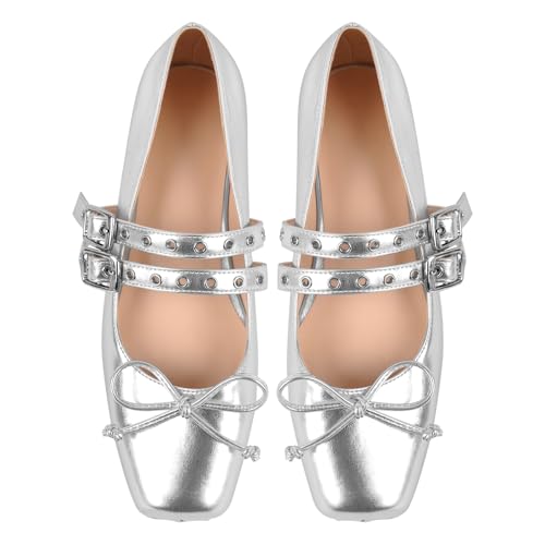 sexytag Square Closed Toe Ballat Flats Bowknot Buckle Strap Comfortable Dressy Casual Ballerina Shoes3