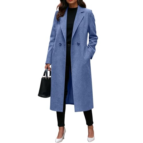 Qesulk Womens Long Wool Coats Notched Lapel Collar Single-Breasted Peacoat Long Pea Coat Wool Blend Overcoat Winter Outwear