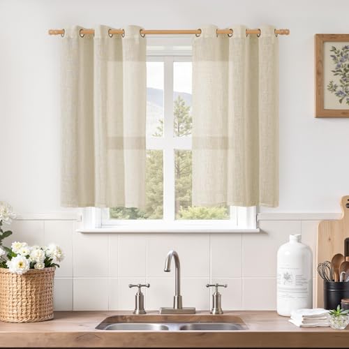 Image of LAMIT Short Linen Curtains 40 Inch Length for Kitchen, Semi Sheer Light Filtering Window Curtains Farmhouse Boho Bronze Grommet Panels for Cafe /RV Camper, Linen, 2 Panels, 34 x 40 Inch
