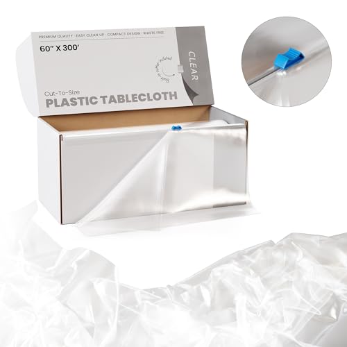 Image of Party Solids 60 Inch X 300 Feet Clear Plastic Table Cover Roll in A Cut - to - Size Box with Convenient Slide Cutter. Cuts Up to 36 Rectangle 8 Feet Plastic Disposable Tablecloths