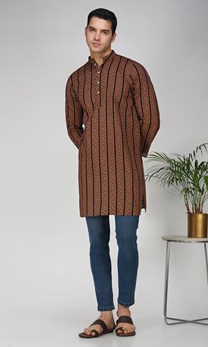 Image of Vastraa Fusion Men's Printed Kurta Pure Cotton Long Kurta, Round Collar, Full Sleeves, Button Kurta, Ethnic Wear
