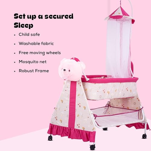 Image of BAYBEE CozyNest Baby Cradle and Swing Jhula for Newborn Babies with Removable Mosquito Net, Washable Fabric, Lockable Wheels & Safe Sleeping Bed Crib for Infants Up to 2 Years (Pink)