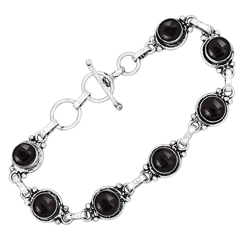 Round Shape Natural & Synthetic Gemstones Silver Plated Bracelets for Women - Vintage Bohemian Style Handmade Birthstone Adjustable Link Bracelet Jewelry Gifts for Wedding Anniversary Mother's Day2