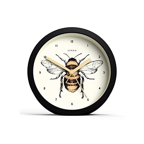 Jones Clocks® Bee Small Round Alarm Clock - Analogue Alarm Clock - Bedside Clock - Desk Clock - Mantel Clock - Illustration Dial - Bee Gifts - Bee Accessories - Black