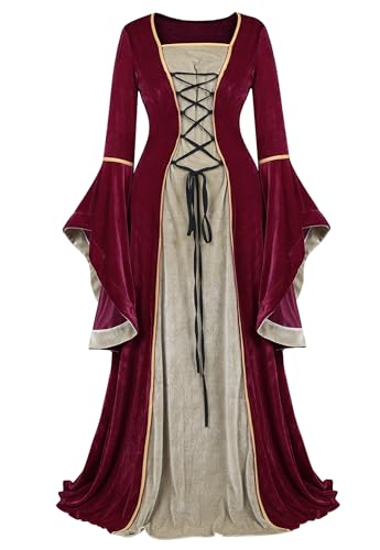 Women's Renaissance Dress Medieval Costume Velvet Maxi Dress Wine Red