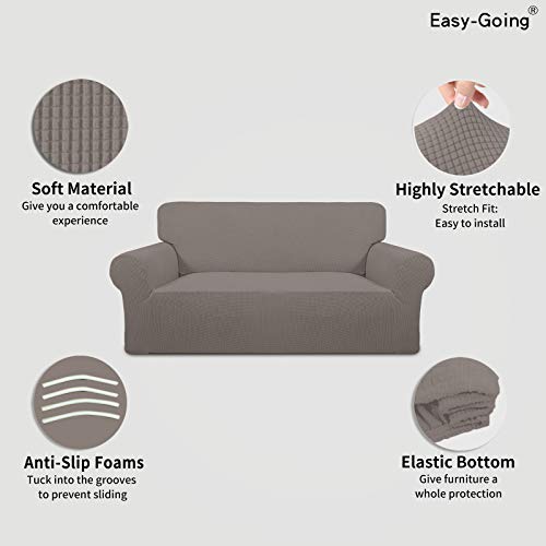 Image of Easy-Going Stretch Oversized Loveseat Slipcover 1-Piece Sofa Cover Furniture Protector Couch Soft with Elastic Bottom for Kids Polyester Spandex Jacquard Fabric Small Checks Taupe