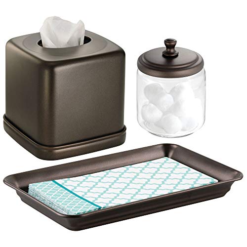 mDesign Metal Vanity Towel Tray, Facial Tissue Box Cover/Holder, Canister Jar for Cotton Balls, Swabs, Cosmetic Pads - Set of 3, Clear/Bronze