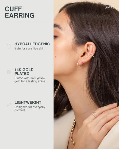 Image of PAVOI 14K Gold Plated 925 Sterling Silver Round Huggie Ear Cuff Earrings for Women | Clip On Cartilage Cuff Earrings