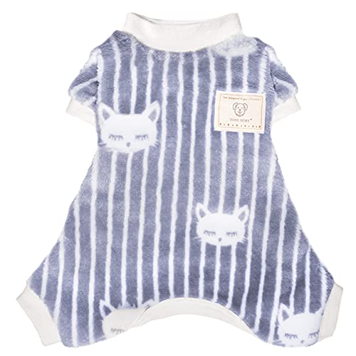 TONY HOBY Haustier-Kleidung für Hunde mit süßem Katzen-Muster, Haustier-Einteiler für Welpen, PJS-Jumpsuit, weich, leicht, Samt, Grau Cover