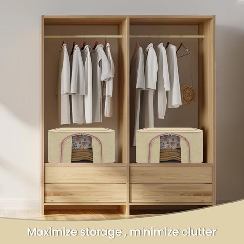 Image of Kuber Industries Pack of 5 Foldable 66 Liter Cloth Organizer for Storage with Steel Frames, Zip & Handles | See Through Saree Organiser for Wardrobe & Seasonal Home Items | LJ-1-BG | Beige