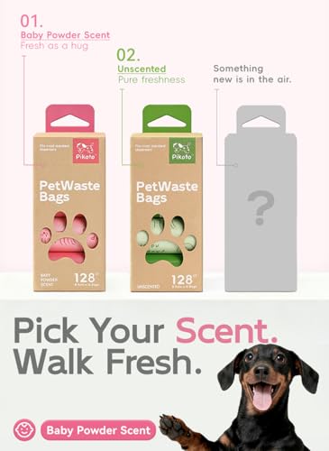 Image of Dog Poop Bags, 128 Count, Baby Powder Scented, Pink | Baby Powder Scented, Extra Thick, 60% Recycled Plastic, Easy-Peel Sticker, 16 Bags Per Roll, Dual Pink Designs