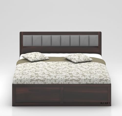 Image of Wooden Queen Size Bed with Storage | Double Bed Cot Bed with Box Storage & Upholstered Cushioned Headboard for Bedroom | Sheesham Wood, Walnut, Recommended Mattress | Size: 78 X 60