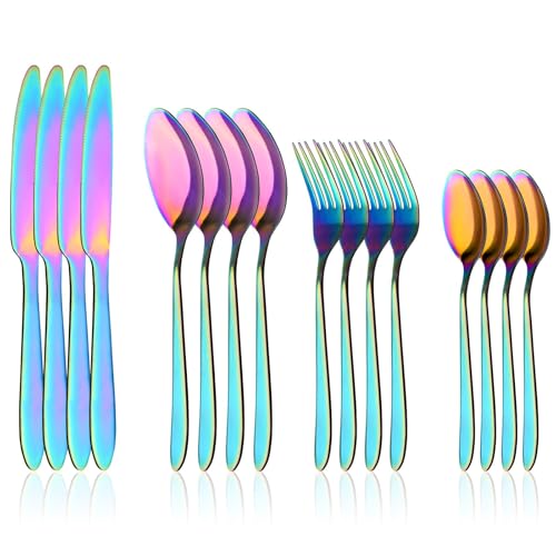 16 PCS Regenbogen Besteck Set, STNRST-IN Edelstahl Wiederverwendbares Besteck Silberware Set mit Löffelmesser und Gabel, Service für 4 Personen,...