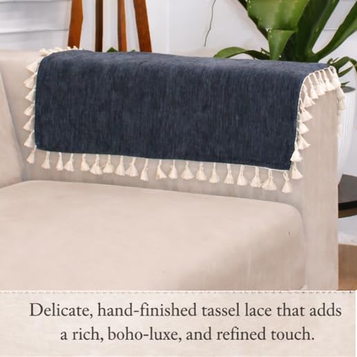 Image of STITCHNEST Premium Woven Fabric Sofa Arm Cover with Tassels | Elegant Hand Rest Protector | Durable & Stylish | 18 x 22 Inches