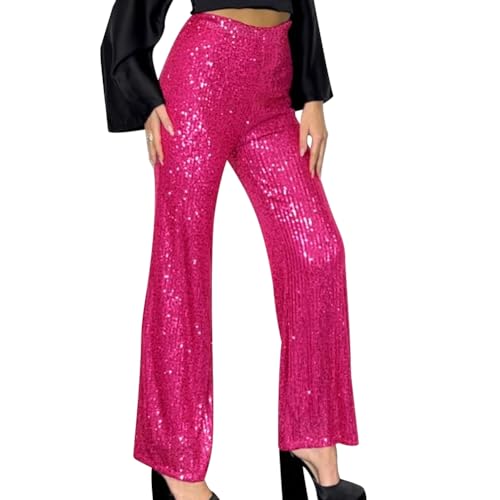 OBEEII Glitzer Hose Damen Pailettenhose Weites Bein Hose Elastische Taille Lose Fit Glitzerhosen Elegant Frauen Freizeithose Party Festival Club Mode Hosen Hot Pink S