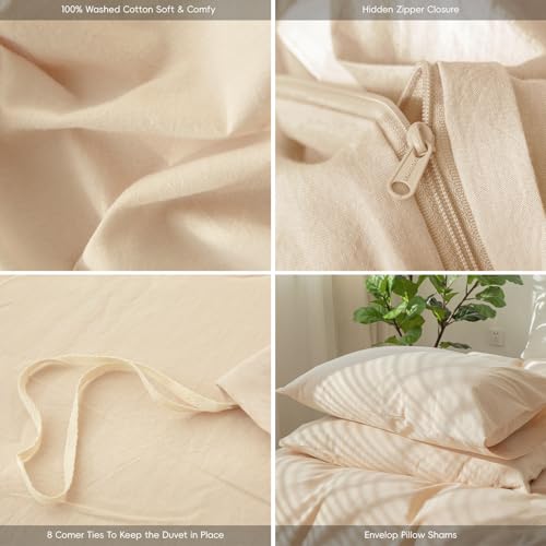 Image of MooMee Bedding Duvet Cover Set 100% Washed Cotton Linen Like Textured Breathable Durable Soft Comfy (Solid Sandy Beige, Twin 68 inchx90 inch)
