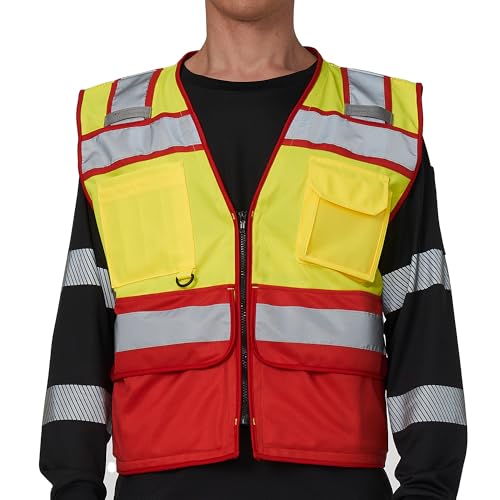 Image of A-SAFETY High Vis Reflective Safety Vest for Men Women Zipper Ipad Pockets Mesh Construction Apparel Neon Vest for Work