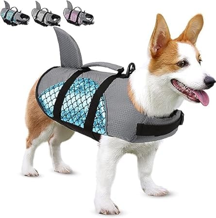 MUGATH Polyester Dog Life Jacket | Adjustable Dogs Swimming Vest with Shark Fin, Safety High Visibility Pet Floatation Vest Life Preserver for Dogs for Swimming and Boating (L, Blue)