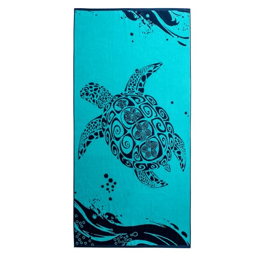 RESTILO Strandtuch groß 90x180 cm Strandlaken 100% Baumwolle Frottee Velours Badetuch Pflegeleicht weich und saugfähig Schnelltrocknendes Strand Handtuch blau dunkelblau Marineblau weiß Turtle