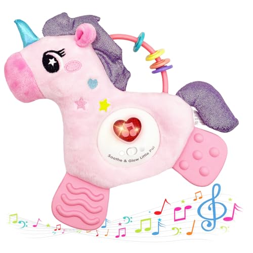 PLSFSS Baby Musical Activity Soft Toys with Sound & Light, Sensory Toys for Infant Developmental with Teether, Rattle and Textures, Soft Plush Toy for Newborn Gift 6 to 12 Months (Pink Unicorn)
