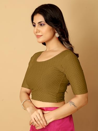 Image of Amazon Brand - Anarva Round Neck Dobby Cotton Lycra Stretchable Elbow Half Sleeve Readymade Saree Blouse for Women Stylish
