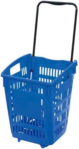 Retail Shop Blue Supermarkets Basket Plastic Shopping Basket With Wheels And Telescopic Handle 52L | Rolling Shopping Trolley Basket On Wheels (5)
