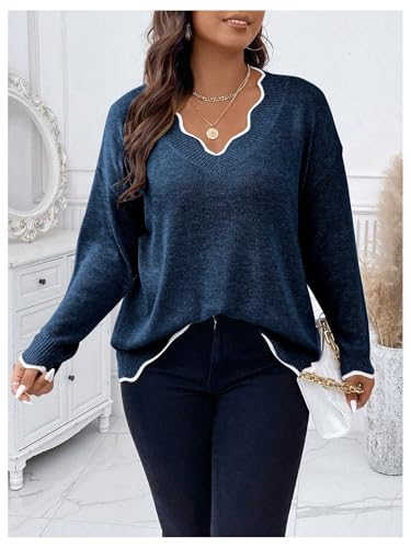 Image of MakeMeChic Women's Plus Size Scalloped Trim Cozy Sweater Cute Pullover | V Neck, Long Sleeve, Oversized, Comfy, Light, Fall Sweaters