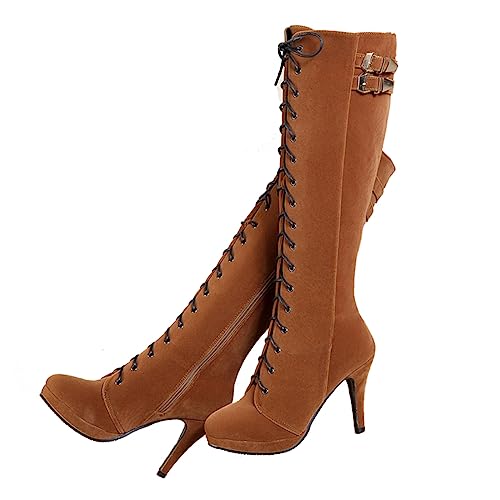 getmorebeauty Womens Suede Buckle Rock Lace Up Zipped Knee High Boots High Heel Boots (7 B(M) US, Brown)