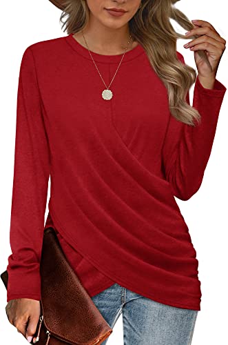 Image of Jescakoo Womens Tops Long Sleeve Shirts Twist Front Crew Neck Tunics