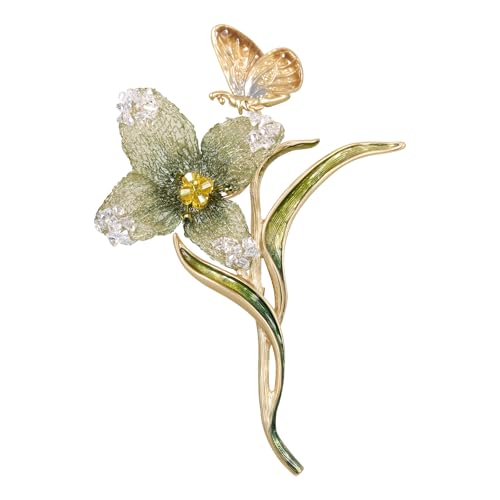 Image of Handmade Embroidery Flower Brooch Pins for Women, SHE'S FREE STYLE JUST FOR YOU Luxury Gradient Stitching Floral Brooch Pins with Crystal stamen, Enamel Metal Butterfly with Green Leaves, Hand Dripping Oil Jewelry pins