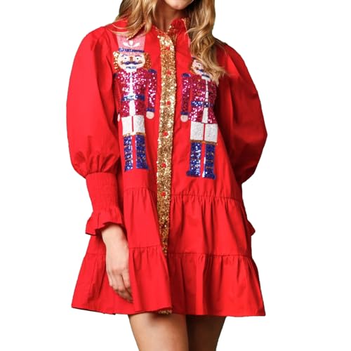 ABYOVRT Christmas Nutcracker Dress for Women Sequin Sweatshirt Dress Long Puff Sleeve Button Down Mini Shirt Dresses Costume (Red M)